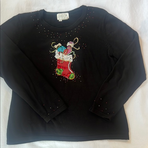 Just B Sweaters - Vintage Just B Black Holiday Sweater with Colorful Sequin Stocking
